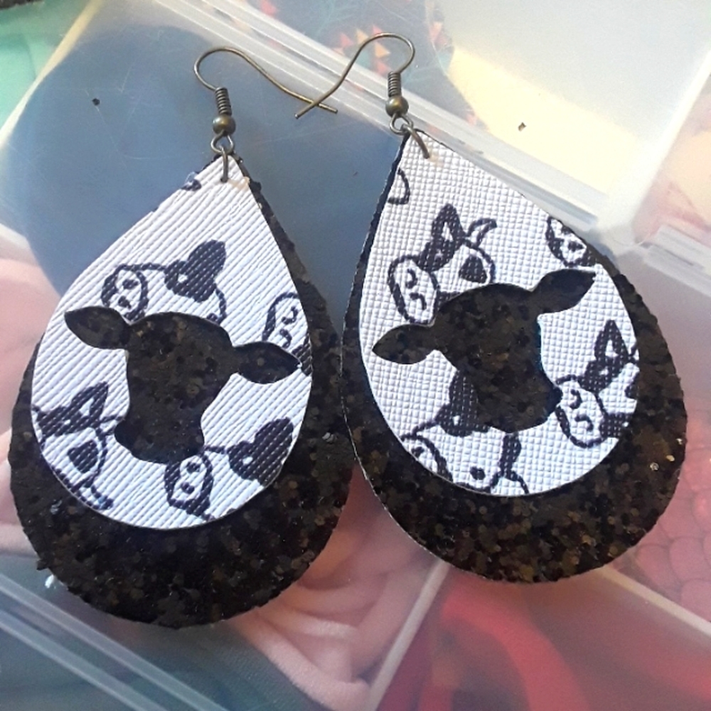 cow teardrop faux leather earrings